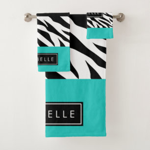 Leopard Print, Zebra Print, Blue, Your Name Bath Towel Set