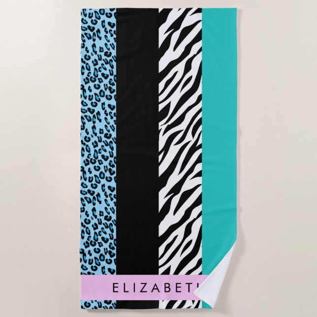 Leopard Print, Zebra Print, Blue, Your Name Beach Towel (Front)