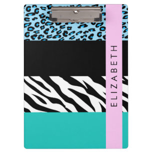 Leopard Print, Zebra Print, Blue, Your Name Clipboard