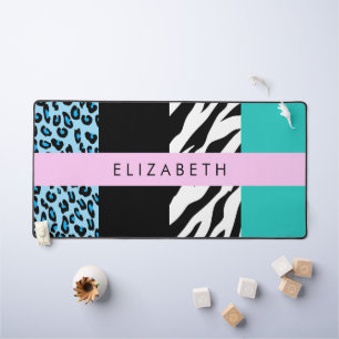 Leopard Print, Zebra Print, Blue, Your Name Desk Mat