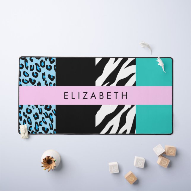 Leopard Print, Zebra Print, Blue, Your Name Desk Mat (Kids Table)