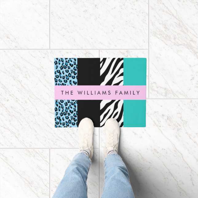 Leopard Print, Zebra Print, Blue, Your Name Doormat (Indoor)