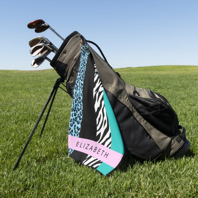 Leopard Print, Zebra Print, Blue, Your Name Golf Towel (Green)