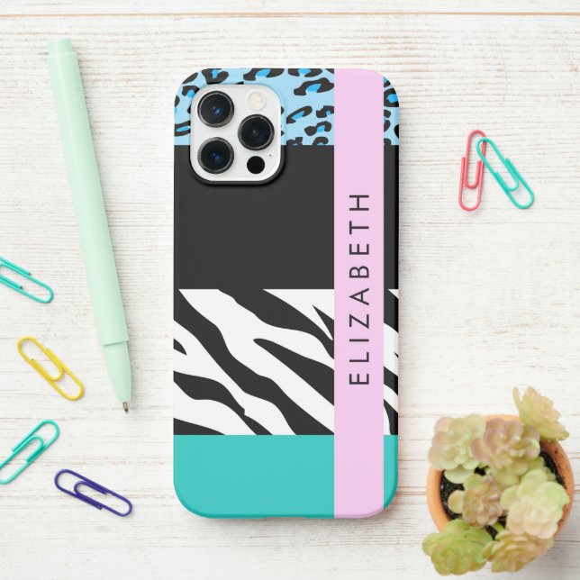 Leopard Print, Zebra Print, Blue, Your Name iPhone Case (On Desk)