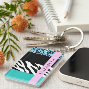 Leopard Print, Zebra Print, Blue, Your Name Key Ring