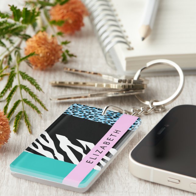 Leopard Print, Zebra Print, Blue, Your Name Key Ring (Front Right)