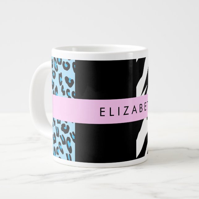 Leopard Print, Zebra Print, Blue, Your Name Large Coffee Mug (Front Left)