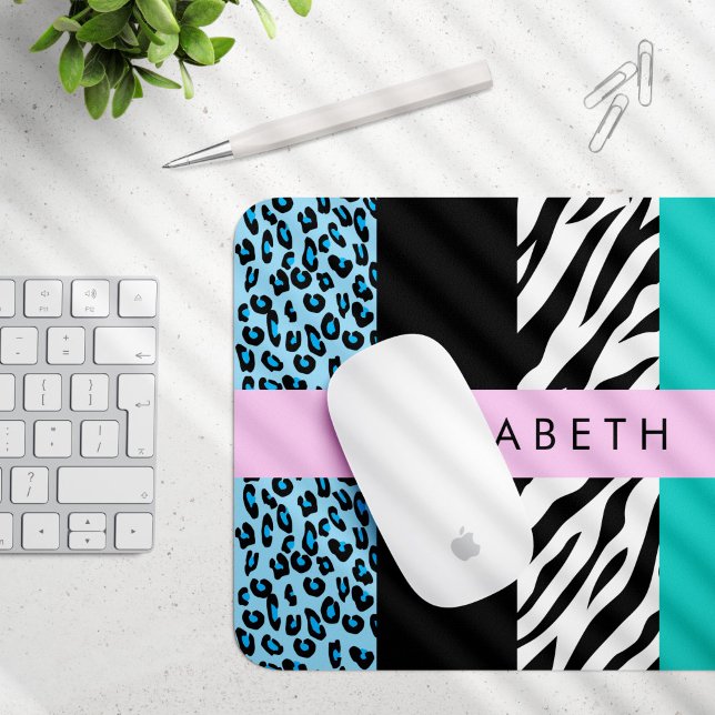 Leopard Print, Zebra Print, Blue, Your Name Mouse Mat (Creator Uploaded)