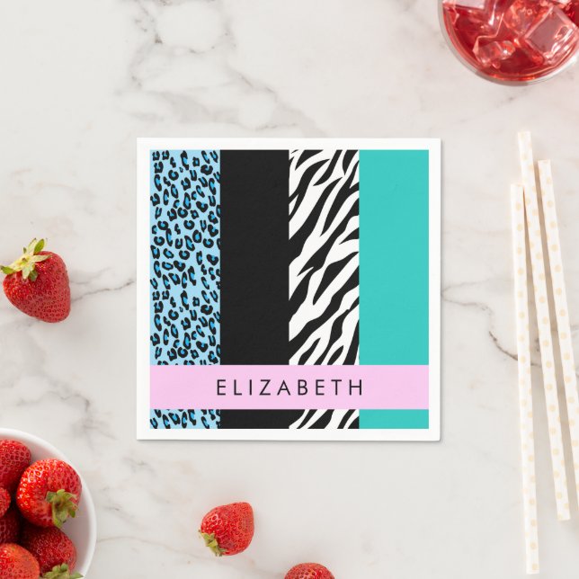 Leopard Print, Zebra Print, Blue, Your Name Napkin (Insitu)