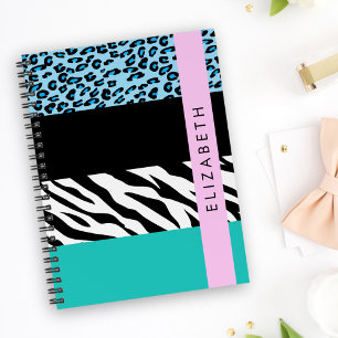 Leopard Print, Zebra Print, Blue, Your Name Notebook