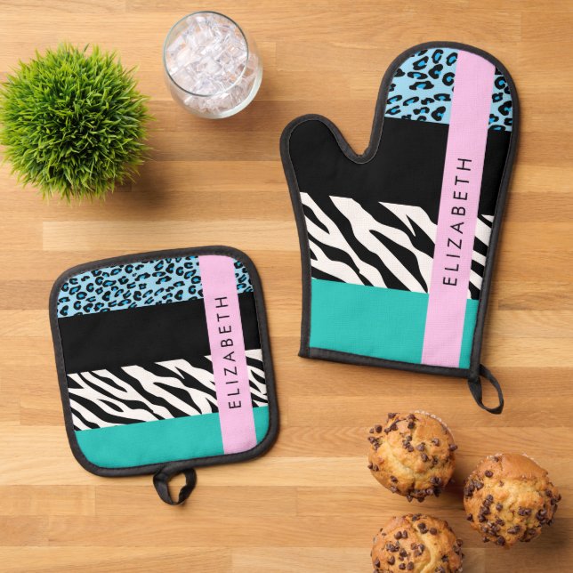 Leopard Print, Zebra Print, Blue, Your Name Oven Mitt & Pot Holder Set (Top Down)