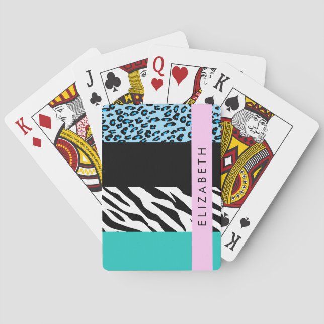 Leopard Print, Zebra Print, Blue, Your Name Playing Cards (Back)