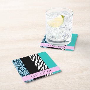 Leopard Print, Zebra Print, Blue, Your Name Square Paper Coaster