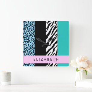 Leopard Print, Zebra Print, Blue, Your Name Square Wall Clock