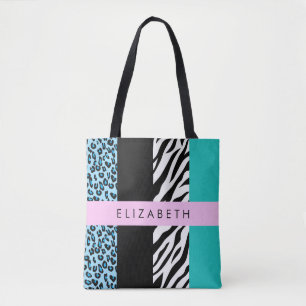 Leopard Print, Zebra Print, Blue, Your Name Tote Bag