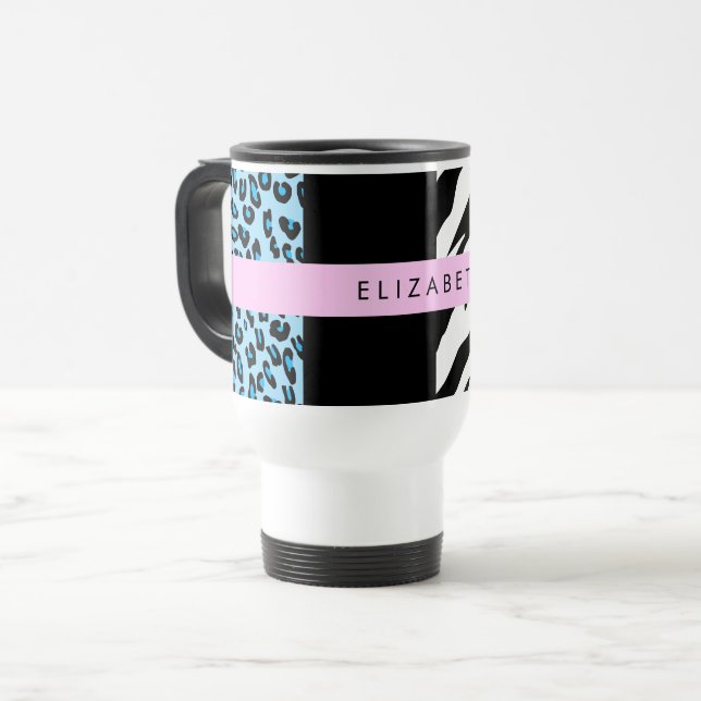 Leopard Print, Zebra Print, Blue, Your Name Travel Mug (Front Left)