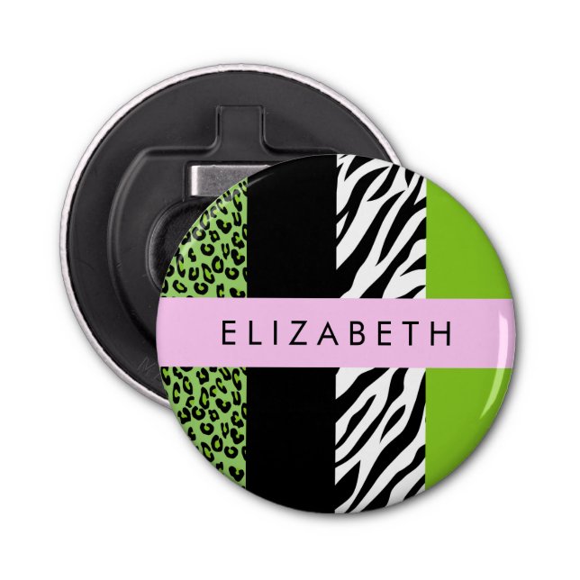 Leopard Print, Zebra Print, Green, Your Name Bottle Opener (Front)