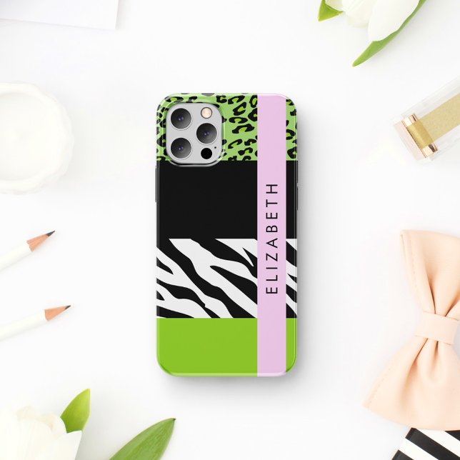 Leopard Print, Zebra Print, Green, Your Name Case-Mate iPhone Case (Creator Uploaded)