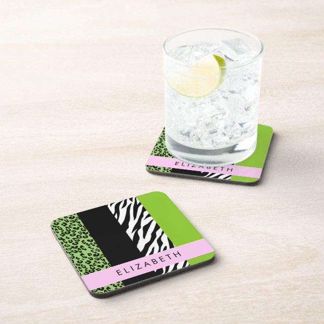 Leopard Print, Zebra Print, Green, Your Name Coaster (Right Side)