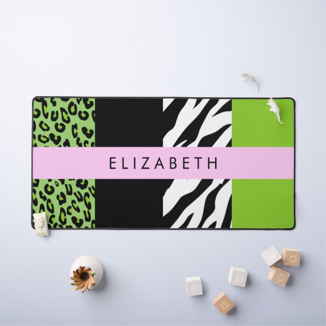 Leopard Print, Zebra Print, Green, Your Name Desk Mat (Kids Table)