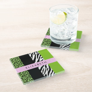 Leopard Print, Zebra Print, Green, Your Name Glass Coaster
