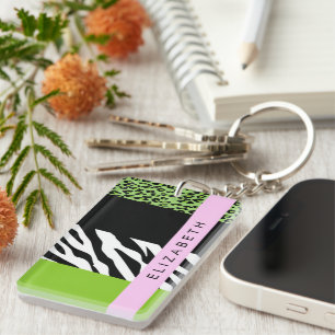 Leopard Print, Zebra Print, Green, Your Name Key Ring