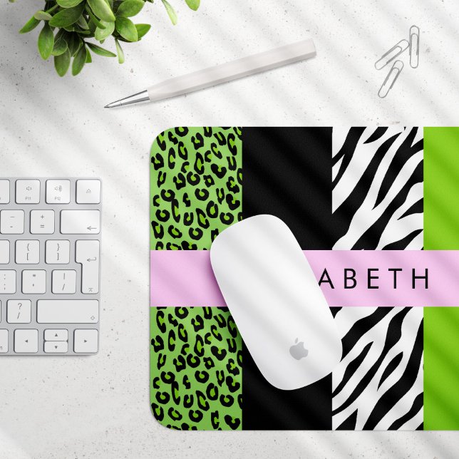 Leopard Print, Zebra Print, Green, Your Name Mouse Mat (Creator Uploaded)