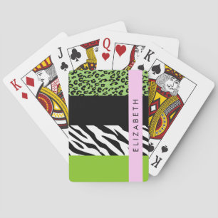 Leopard Print, Zebra Print, Green, Your Name Playing Cards