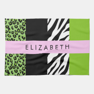 Leopard Print, Zebra Print, Green, Your Name Tea Towel