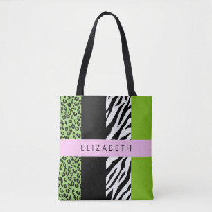 Leopard Print, Zebra Print, Green, Your Name Tote Bag