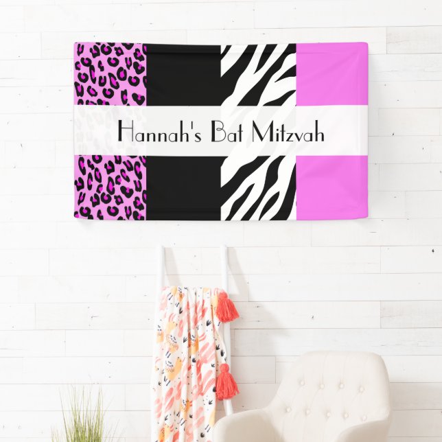 Leopard Print, Zebra Print, Pink, Bat Mitzvah Banner (Insitu)