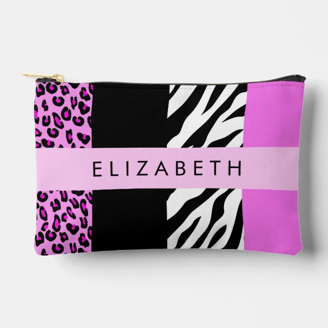 Leopard Print, Zebra Print, Pink, Your Name Accessory Pouch (Front)