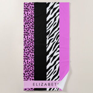 Leopard Print, Zebra Print, Pink, Your Name Beach Towel