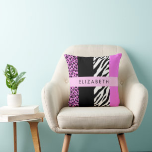 Leopard Print, Zebra Print, Pink, Your Name Cushion