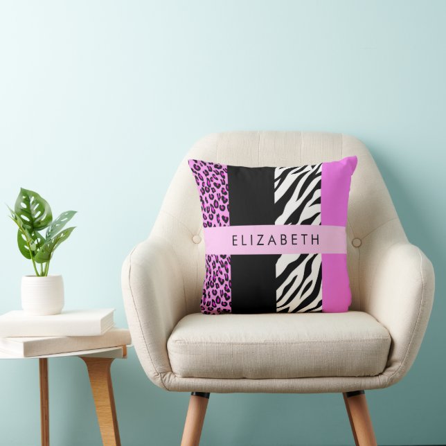 Leopard Print, Zebra Print, Pink, Your Name Cushion (Chair)