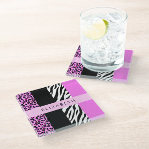 Leopard Print, Zebra Print, Pink, Your Name Glass Coaster