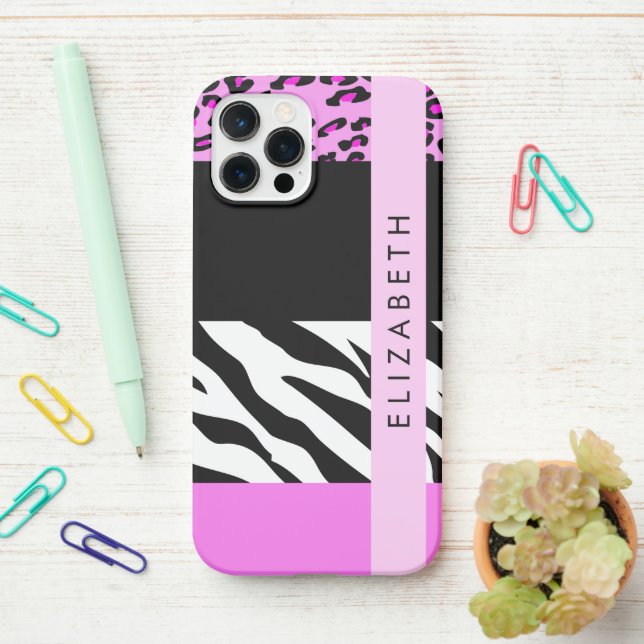 Leopard Print, Zebra Print, Pink, Your Name iPhone Case (On Desk)