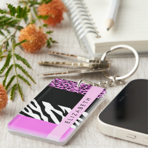 Leopard Print, Zebra Print, Pink, Your Name Key Ring