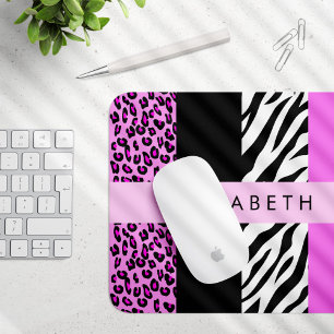Leopard Print, Zebra Print, Pink, Your Name Mouse Mat