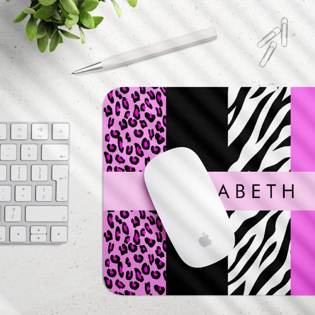 Leopard Print, Zebra Print, Pink, Your Name Mouse Mat (Creator Uploaded)
