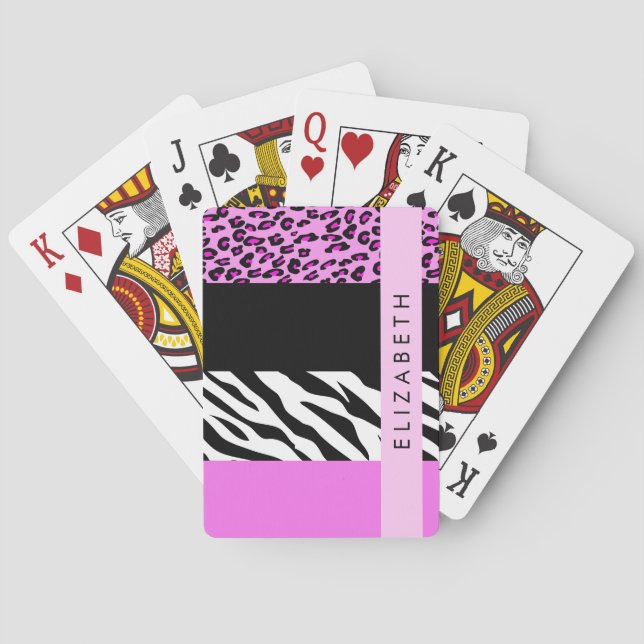 Leopard Print, Zebra Print, Pink, Your Name Playing Cards (Back)