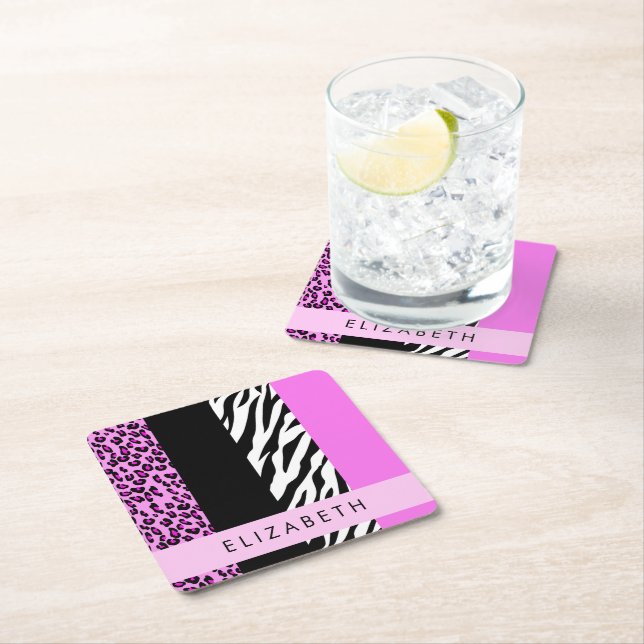 Leopard Print, Zebra Print, Pink, Your Name Square Paper Coaster (Insitu)