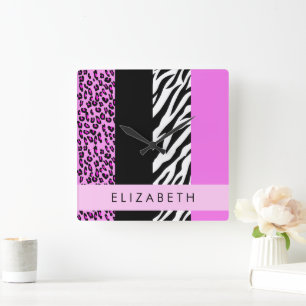 Leopard Print, Zebra Print, Pink, Your Name Square Wall Clock