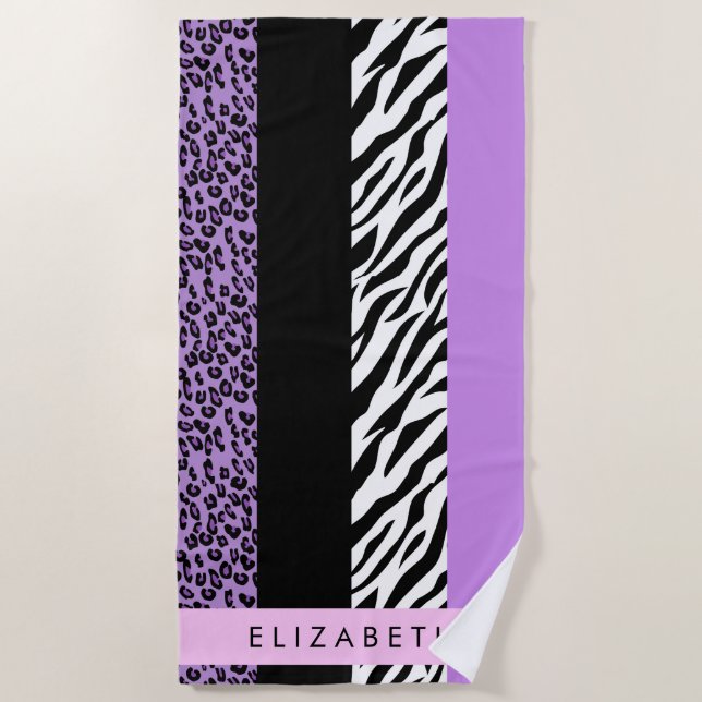 Leopard Print, Zebra Print, Purple, Your Name Beach Towel (Front)