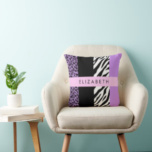 Leopard Print, Zebra Print, Purple, Your Name Cushion