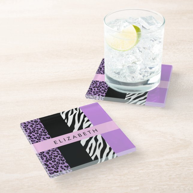 Leopard Print, Zebra Print, Purple, Your Name Glass Coaster (Angled)