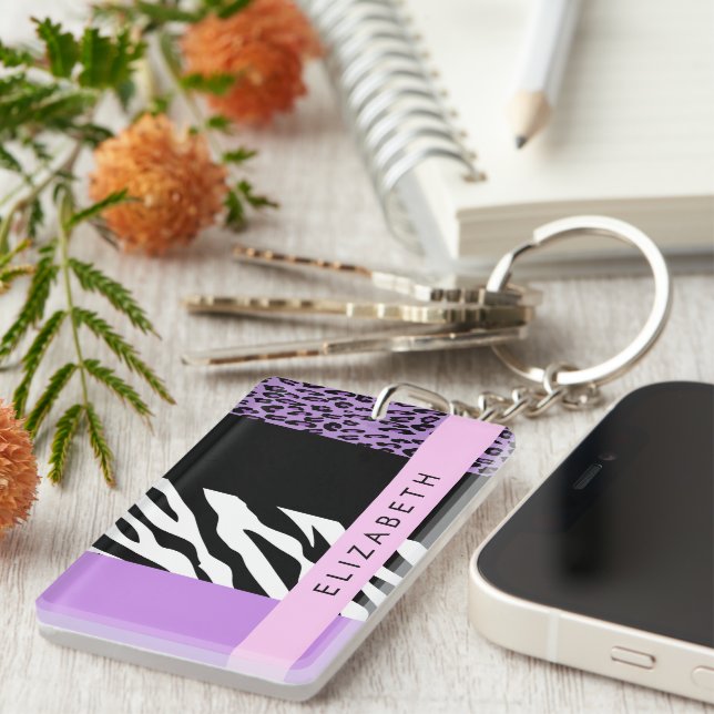 Leopard Print, Zebra Print, Purple, Your Name Key Ring (Front Right)