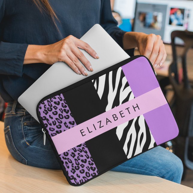 Leopard Print, Zebra Print, Purple, Your Name Laptop Sleeve (Creator Uploaded)