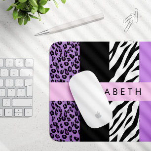 Leopard Print, Zebra Print, Purple, Your Name Mouse Mat