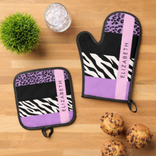 Leopard Print, Zebra Print, Purple, Your Name Oven Mitt & Pot Holder Set